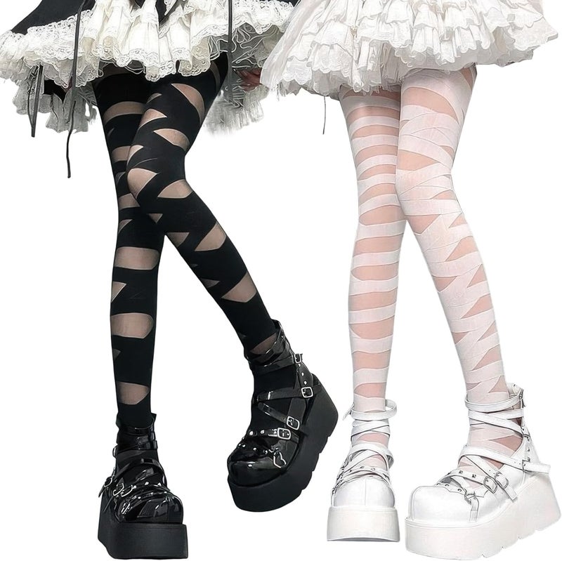 CARALL 2 Pairs Halloween Mummy Tights Gothic Punk Bandage High Stocking Y2k Cross Straps Tights Pantyhose Bandage Hosiery for Women Halloween Masquerade Cosplay Party Costume - Image 1